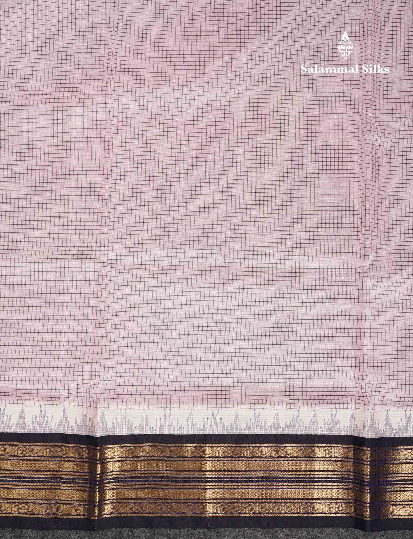 Beautiful Dual Tone Light Pink Small Checks Pure Silk Cotton Saree With Contrast Navy Blue Traditional Border