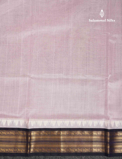 Beautiful Dual Tone Light Pink Small Checks Pure Silk Cotton Saree With Contrast Navy Blue Traditional Border