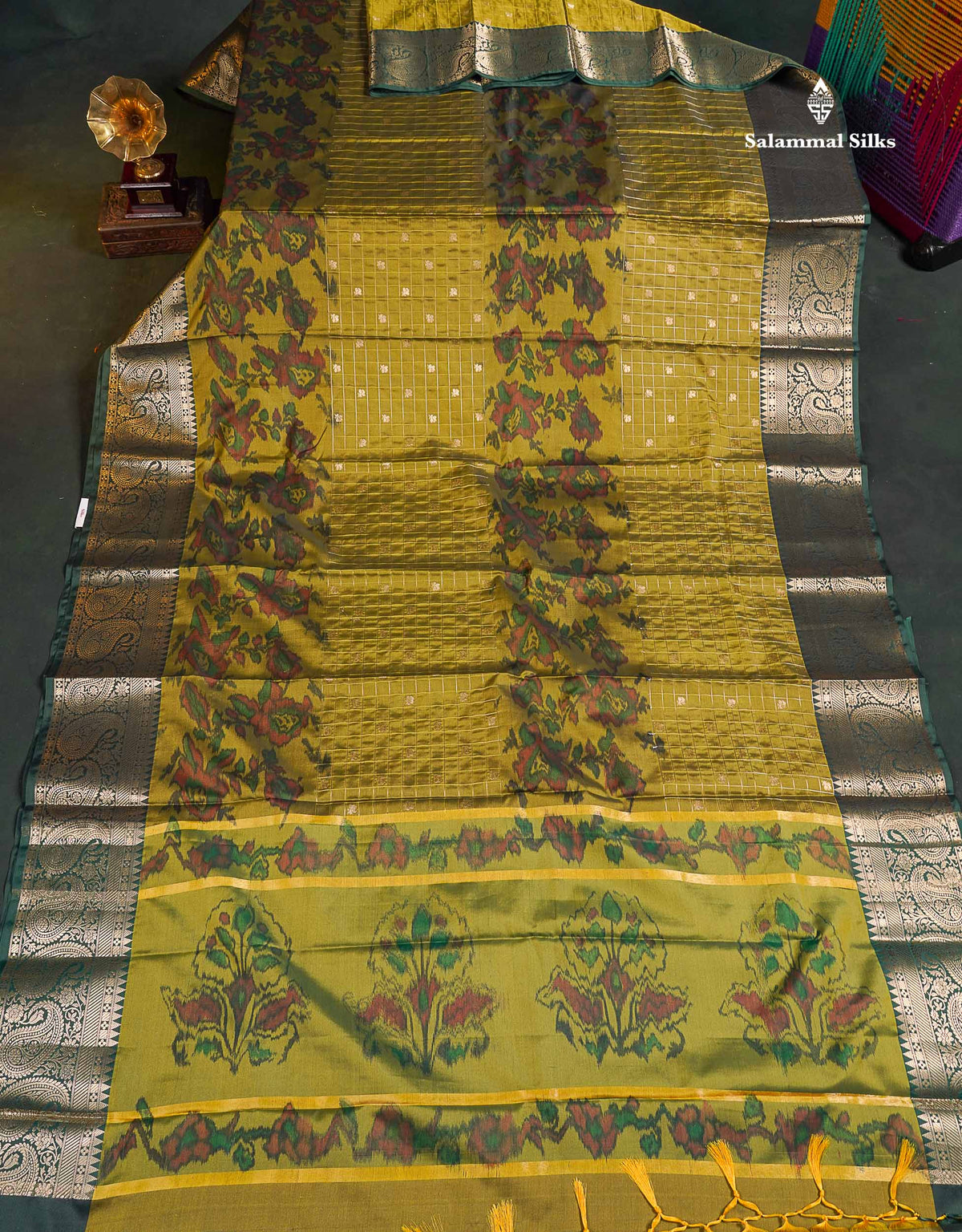 Semi Silk Saree - Olive Green Colour Body Pochampally Design With Blouse