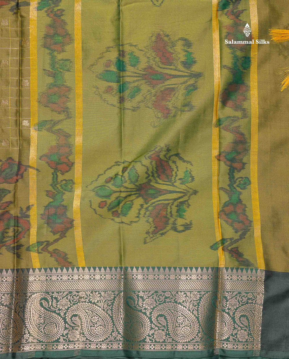 Semi Silk Saree - Sapphire Blue Colour Body Pochampally Design With Contrast Olive Green Blouse