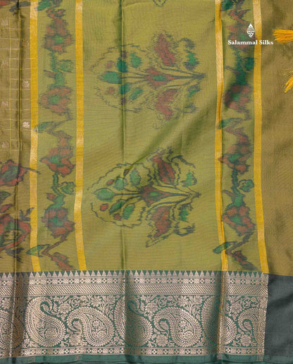 Semi Silk Saree - Sapphire Blue Colour Body Pochampally Design With Contrast Olive Green Blouse