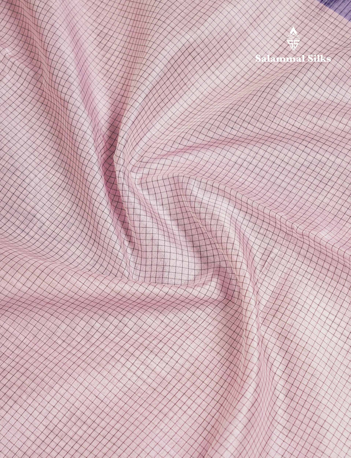 Beautiful Dual Tone Light Pink Small Checks Pure Silk Cotton Saree With Contrast Navy Blue Traditional Border