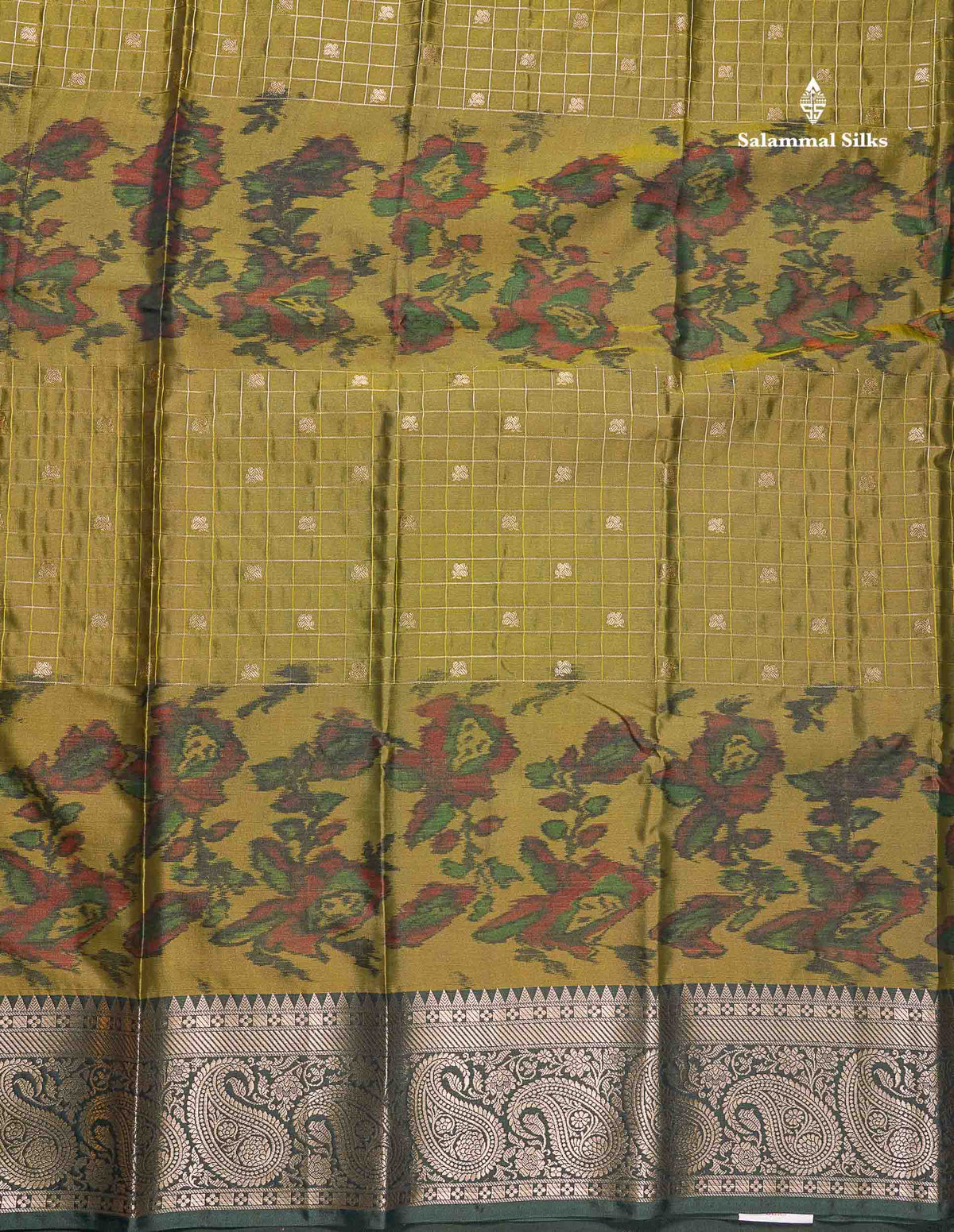 Semi Silk Saree - Sapphire Blue Colour Body Pochampally Design With Contrast Olive Green Blouse