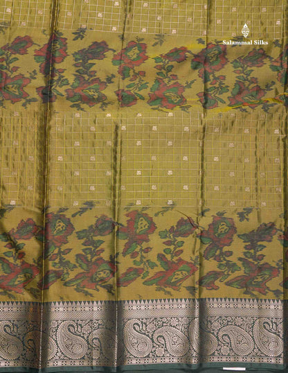 Semi Silk Saree - Sapphire Blue Colour Body Pochampally Design With Contrast Olive Green Blouse