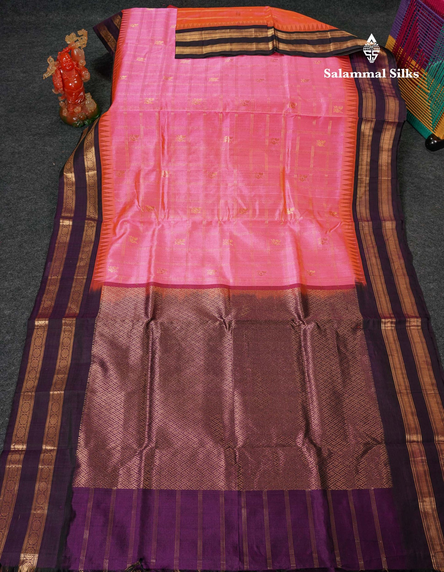 Beautiful Dual Tone Pink Zari Checks With Peacock Butta Pure Silk Cotton Saree With Contrast Dark Purple Traditional Gap Border