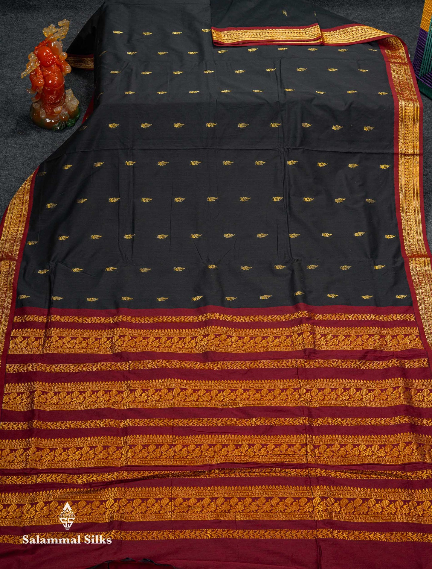 Beautiful Black Zari Butta Kalyani Cotton Saree With Contrast Maroon Traditional Border