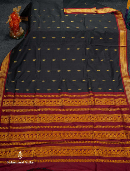 Beautiful Black Zari Butta Kalyani Cotton Saree With Contrast Maroon Traditional Border