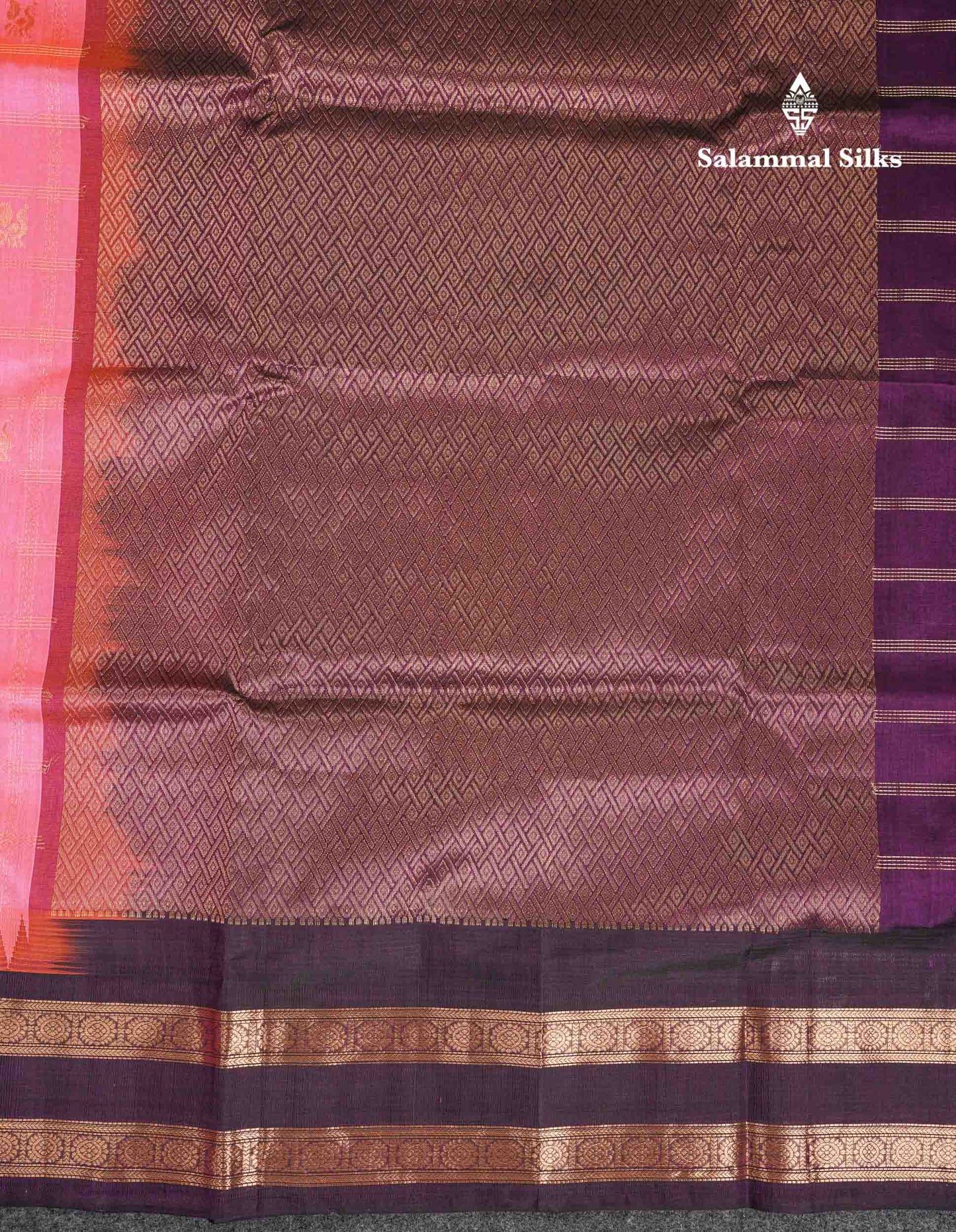 Beautiful Dual Tone Pink Zari Checks With Peacock Butta Pure Silk Cotton Saree With Contrast Dark Purple Traditional Gap Border