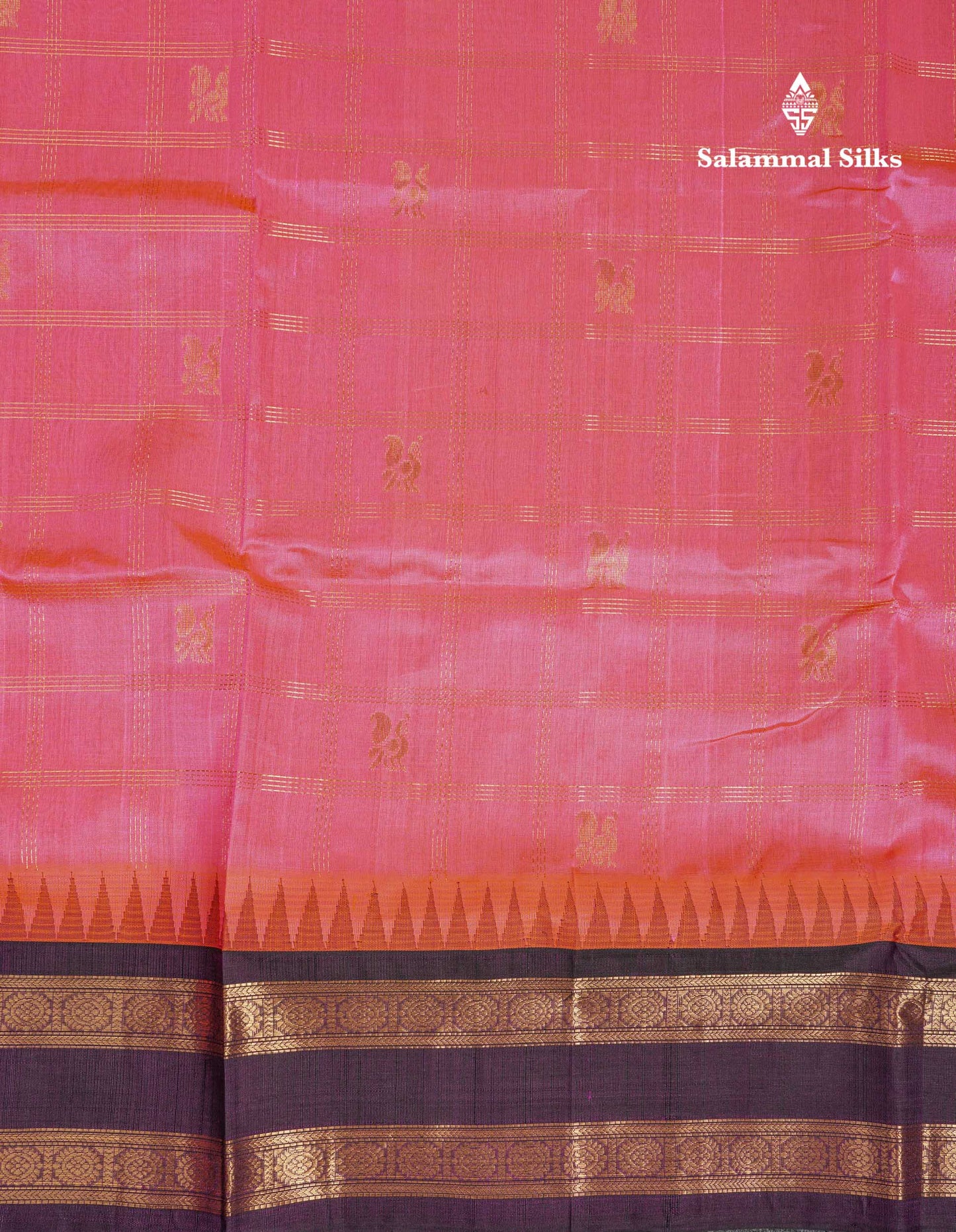 Beautiful Dual Tone Pink Zari Checks With Peacock Butta Pure Silk Cotton Saree With Contrast Dark Purple Traditional Gap Border
