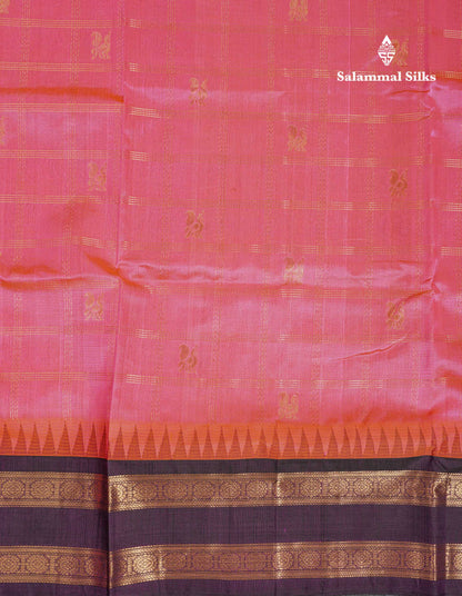 Beautiful Dual Tone Pink Zari Checks With Peacock Butta Pure Silk Cotton Saree With Contrast Dark Purple Traditional Gap Border