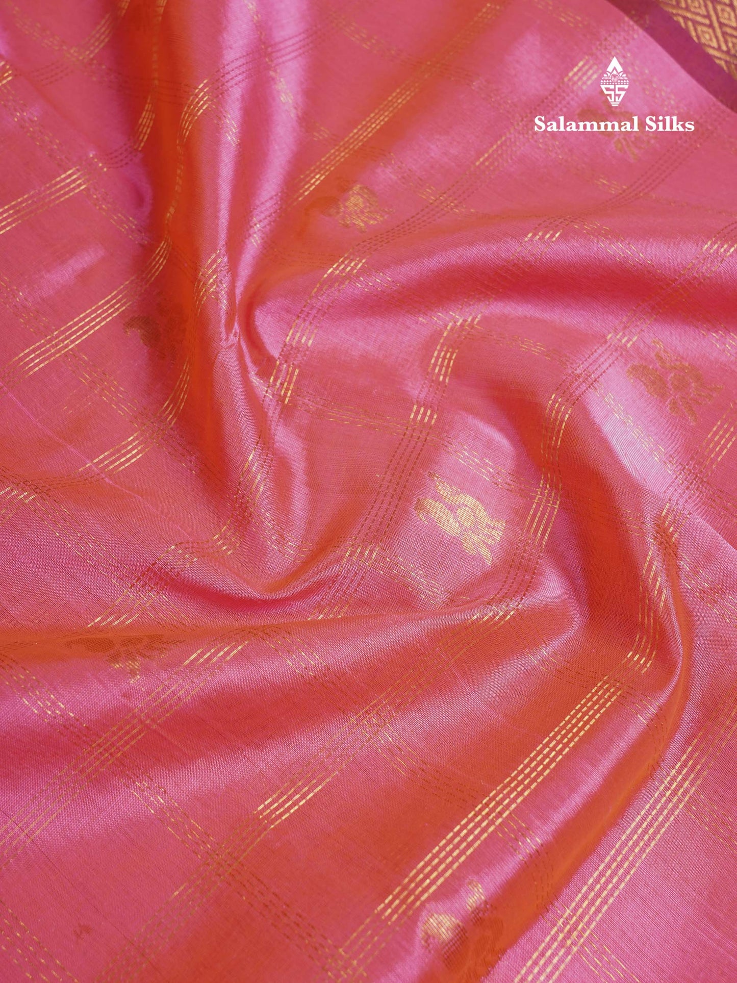 Beautiful Dual Tone Pink Zari Checks With Peacock Butta Pure Silk Cotton Saree With Contrast Dark Purple Traditional Gap Border