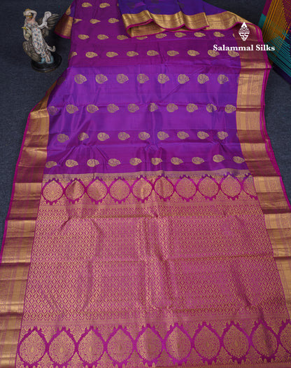 Dual Tone Purple Pure Kanjivaram Silk Saree With Contrast Magenta Pink Border