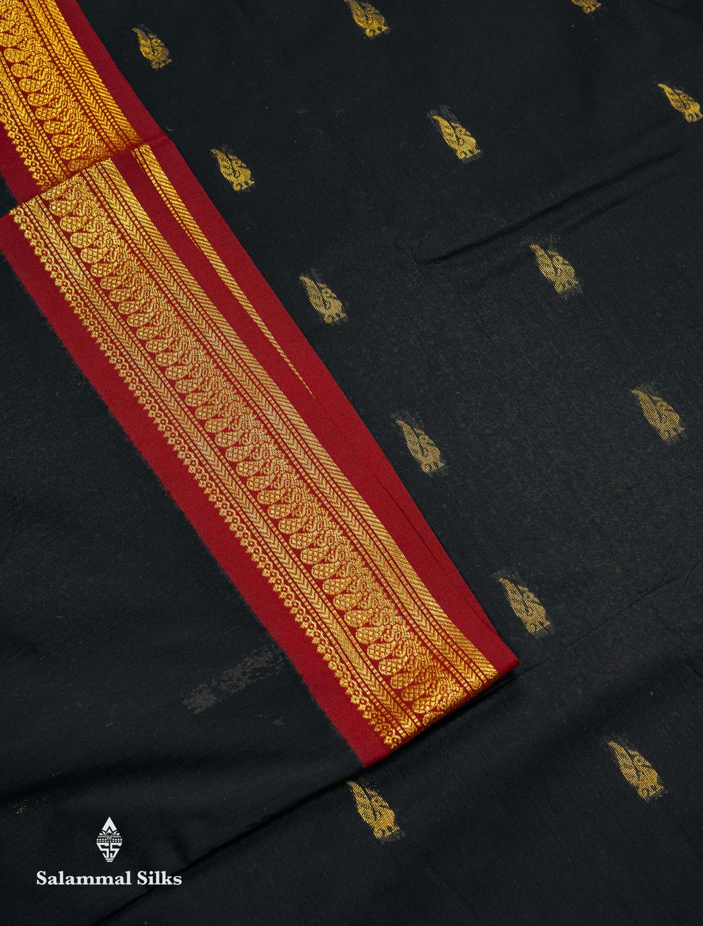 Beautiful Black Zari Butta Kalyani Cotton Saree With Contrast Maroon Traditional Border