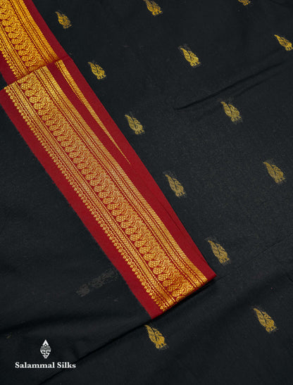 Beautiful Black Zari Butta Kalyani Cotton Saree With Contrast Maroon Traditional Border