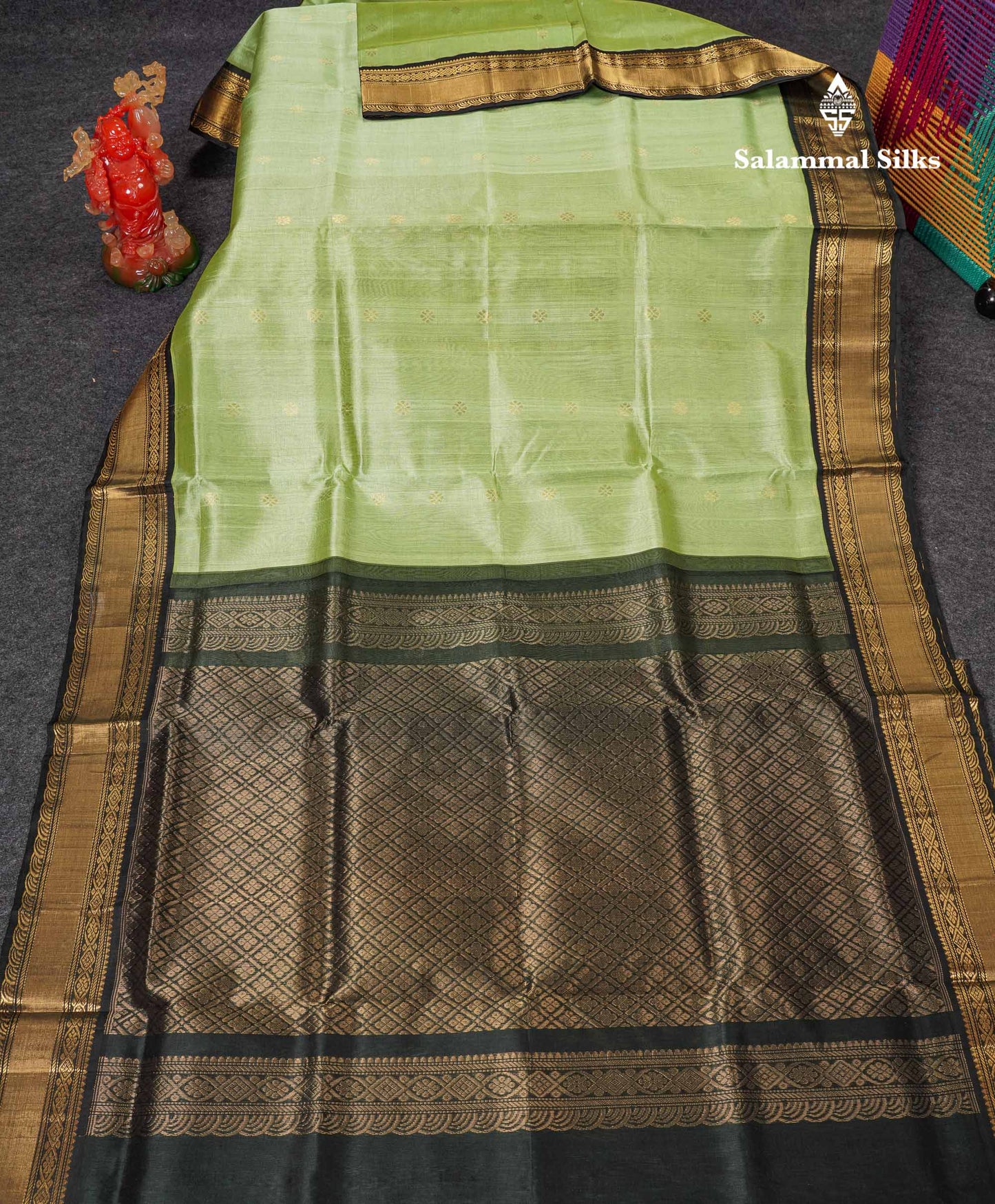 Beautiful Pista Green Pure Silk Cotton Saree With Contrast Dark Bottle Green Traditional Border