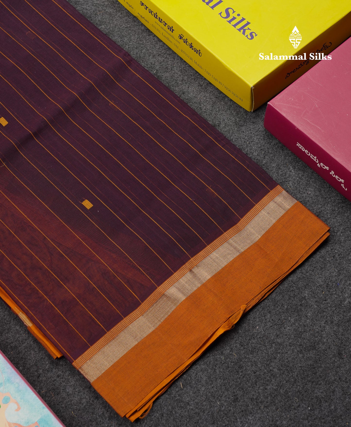 Beautiful Dark Purple Thread Work Butta Handloom Pure Cotton Saree With Contrast Mustard Yellow Blouse