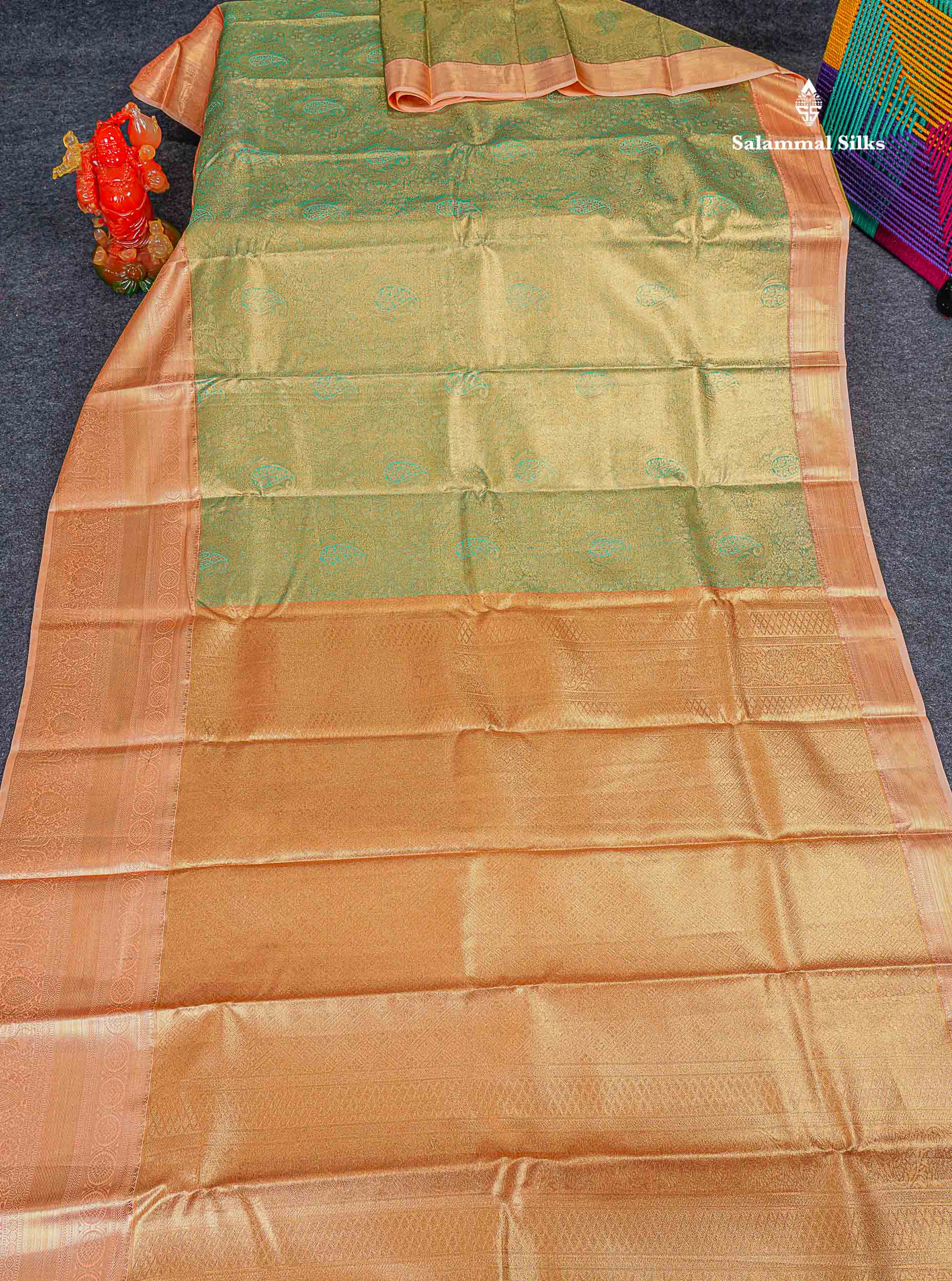Bridal Semi Silk Saree - Light Green Colour Body Tissue With Contrast Peach Traditional Evening Morning Border 
