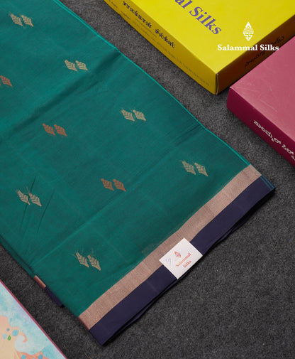 Beautiful Peacock Green Thread Work Butta Handloom Pure Cotton Saree With Contrast Navy Blue Blouse