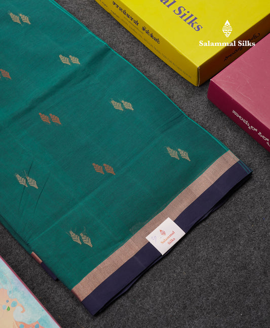 Beautiful Peacock Green Thread Work Butta Handloom Pure Cotton Saree With Contrast Navy Blue Blouse