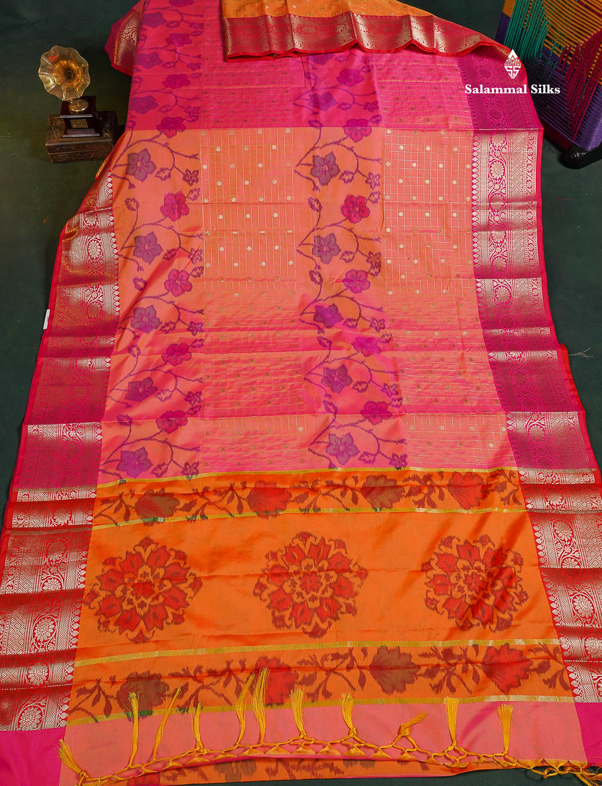 Semi Silk Saree - Pink Colour Body Pochampally Design With Contrast Orange Blouse 