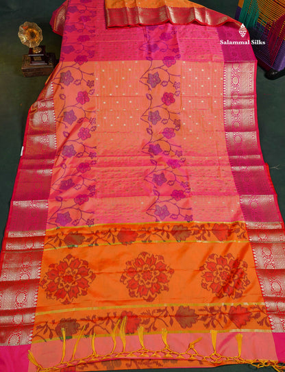 Semi Silk Saree - Pink Colour Body Pochampally Design With Contrast Orange Blouse 