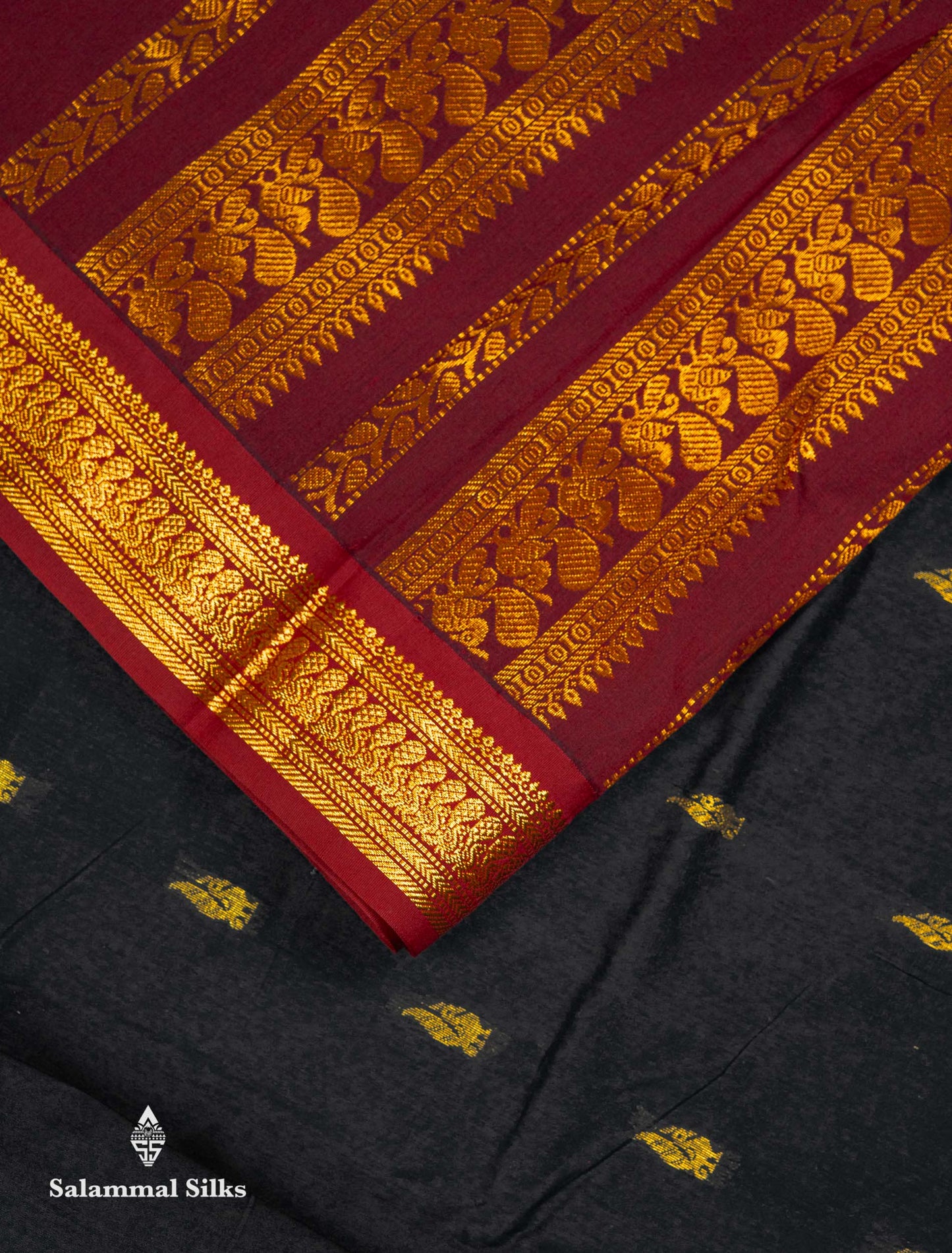 Beautiful Black Zari Butta Kalyani Cotton Saree With Contrast Maroon Traditional Border