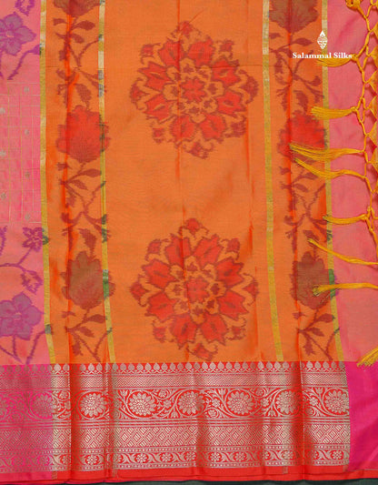 Semi Silk Saree - Pink Colour Body Pochampally Design With Contrast Orange Blouse