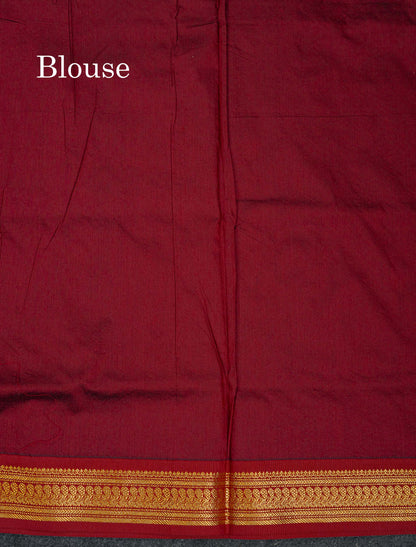 Beautiful Black Zari Butta Kalyani Cotton Saree With Contrast Maroon Traditional Border