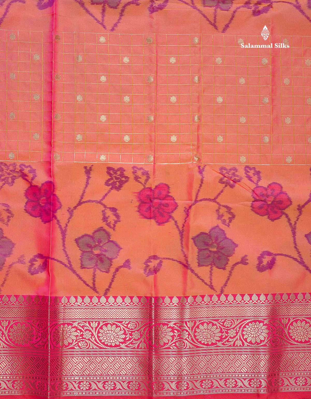 Semi Silk Saree - Pink Colour Body Pochampally Design With Contrast Orange Blouse