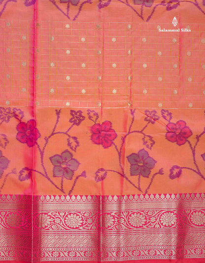 Semi Silk Saree - Pink Colour Body Pochampally Design With Contrast Orange Blouse