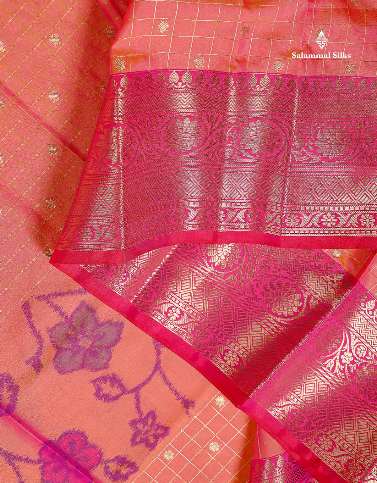 Semi Silk Saree - Pink Colour Body Pochampally Design With Contrast Orange Blouse