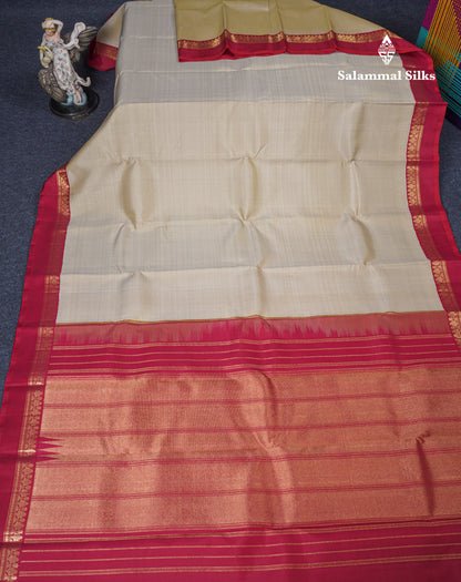 Korvai Cream Sandal Vaira Oosi Pure Kanjivaram Silk Saree With Contrast Maroon Traditional Small Border