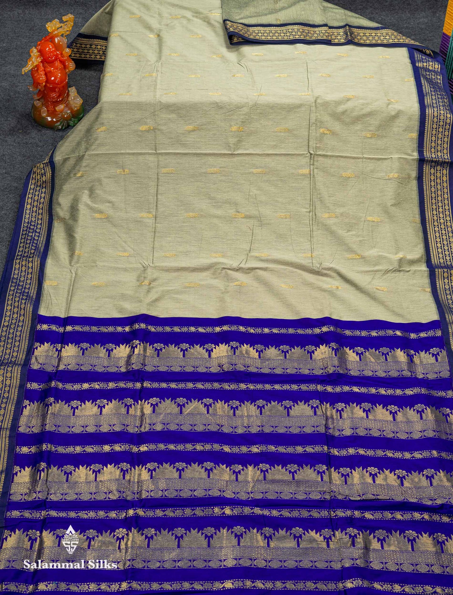 Beautiful Light Parrot Green Zari Butta Kalyani Cotton Saree With Contrast Navy Blue Traditional Border