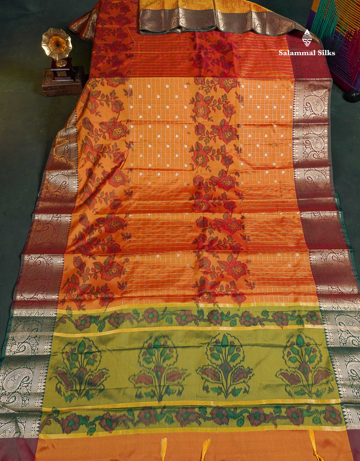Semi Silk Saree - Orange Colour Body Pochampally Design With Contrast Olive Green Blouse