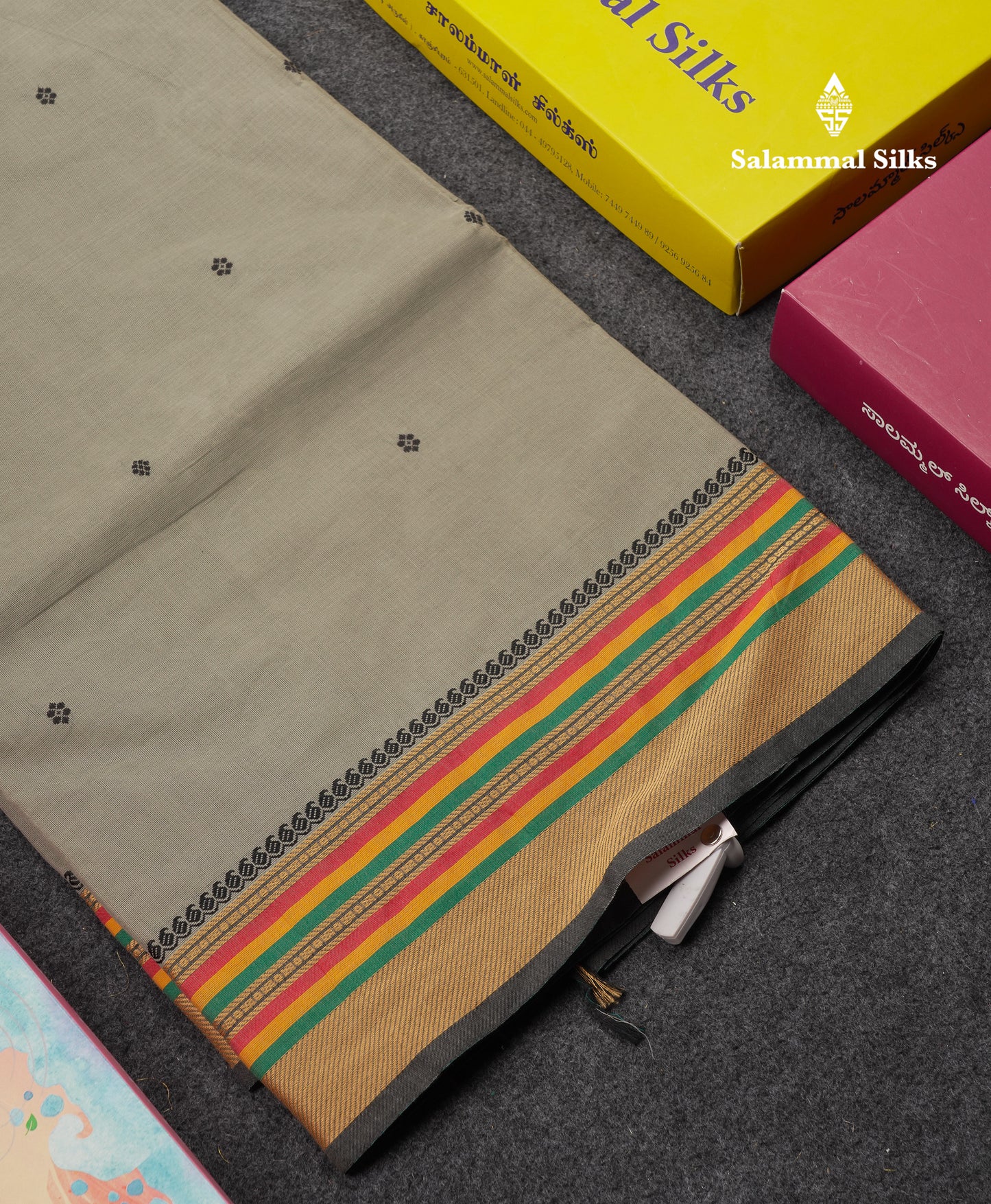 Beautiful Elephant Grey Thread Work Butta Pure Cotton Saree With Traditional Border
