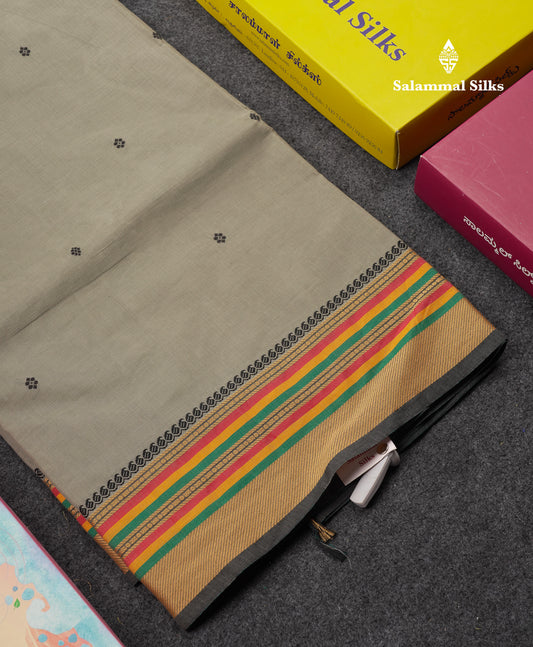 Beautiful Elephant Grey Thread Work Butta Pure Cotton Saree With Traditional Border