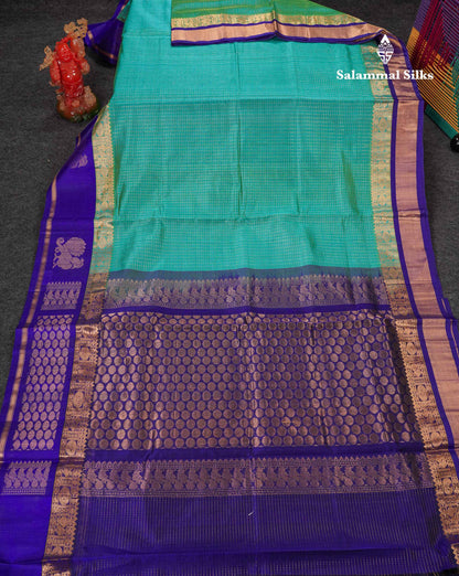 Beautiful Dual Tone Navy Blue Small Zari Checks Pure Silk Cotton Saree With Contrast Sapphire Blue Traditional Border
