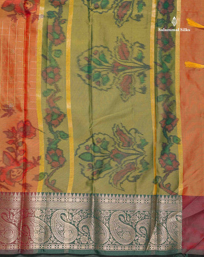 Semi Silk Saree - Sapphire Blue Colour Body Pochampally Design With Contrast Olive Green Blouse