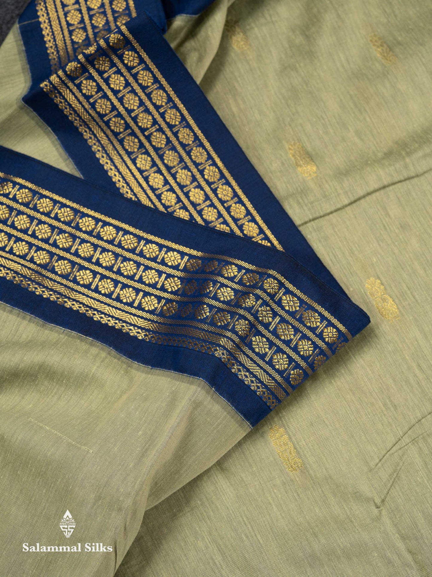 Beautiful Light Parrot Green Zari Butta Kalyani Cotton Saree With Contrast Navy Blue Traditional Border