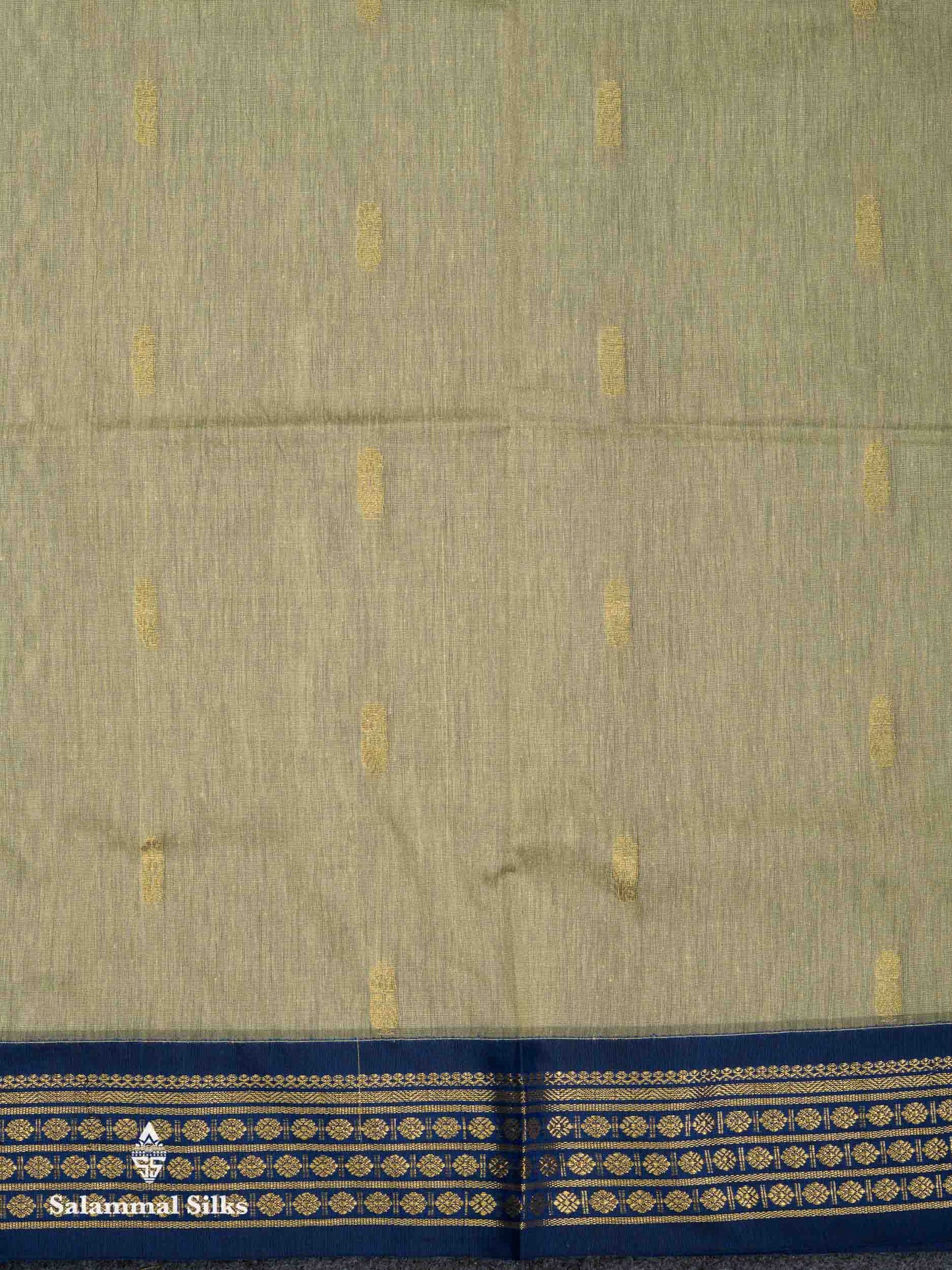 Beautiful Light Parrot Green Zari Butta Kalyani Cotton Saree With Contrast Navy Blue Traditional Border