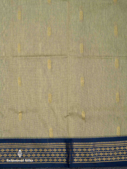 Beautiful Light Parrot Green Zari Butta Kalyani Cotton Saree With Contrast Navy Blue Traditional Border