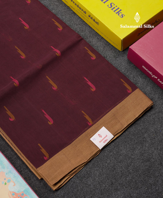 Beautiful Dark Brown Thread Work Butta Handloom Pure Cotton Saree With Contrast Sandal Blouse