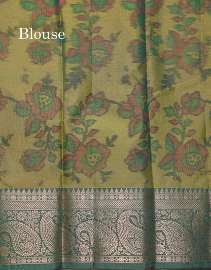 Semi Silk Saree - Sapphire Blue Colour Body Pochampally Design With Contrast Olive Green Blouse