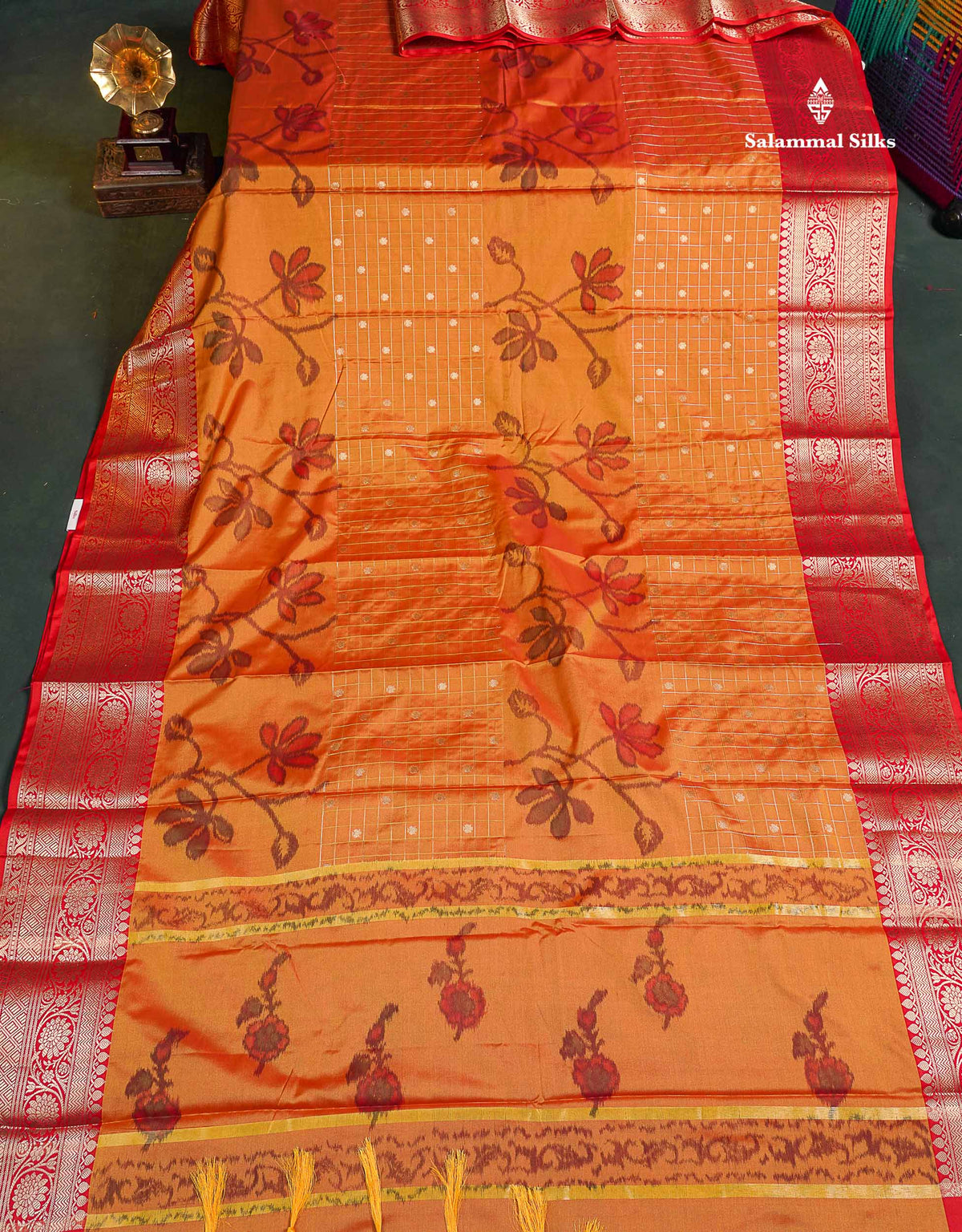 Semi Silk Saree - Orange Colour Body Pochampally Design With Contrast Red Border