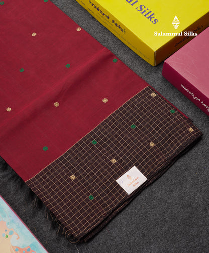 Beautiful Olive Mustard Yellow Thread Work Butta Handloom Pure Cotton Saree With Contrast Maroon Checks Border