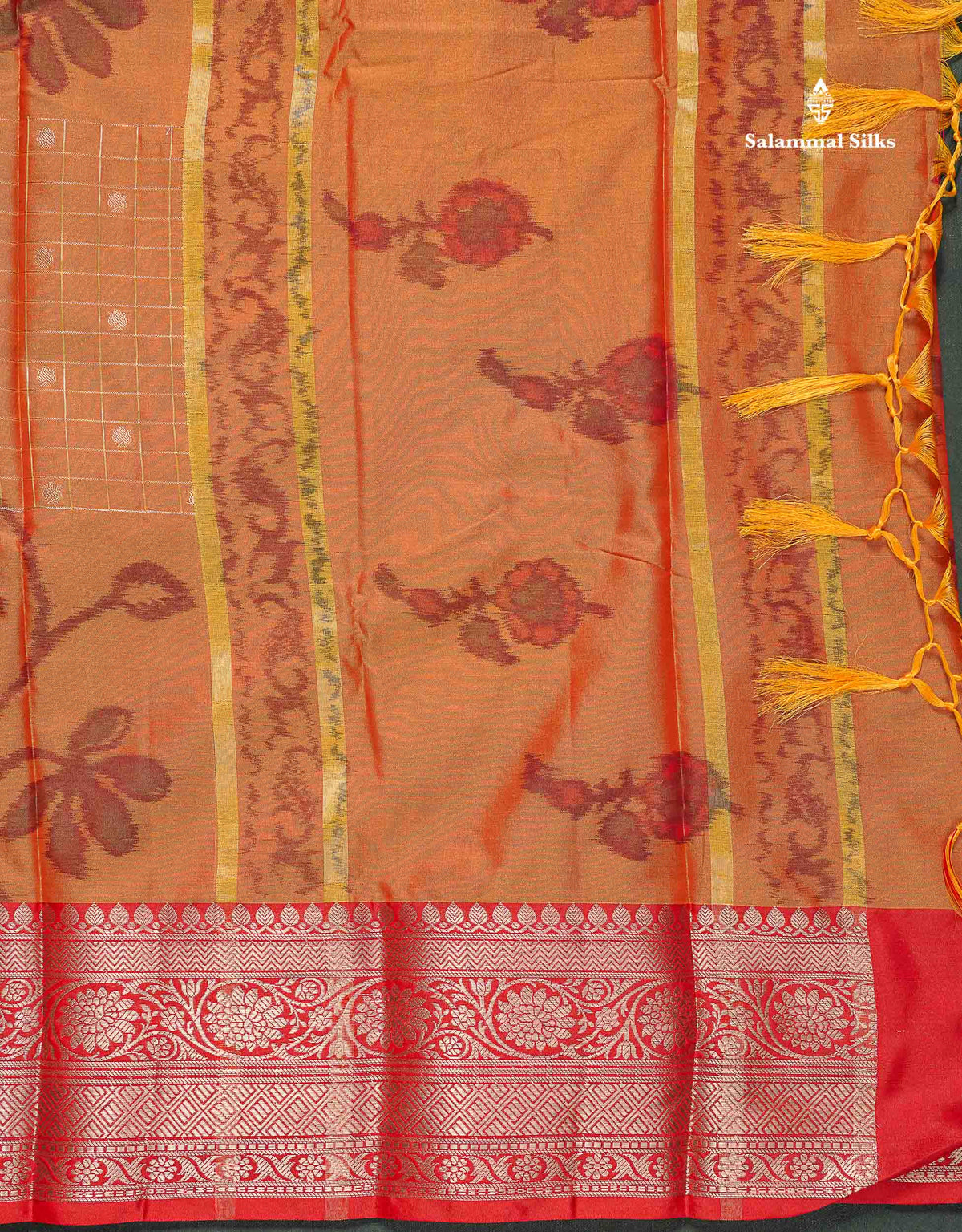Semi Silk Saree - Orange Colour Body Pochampally Design With Contrast Red Border