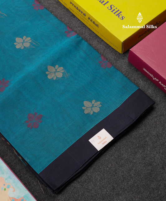 Beautiful Ramar Blue Thread Work Butta Handloom Pure Cotton Saree With Contrast Navy Blue Blouse