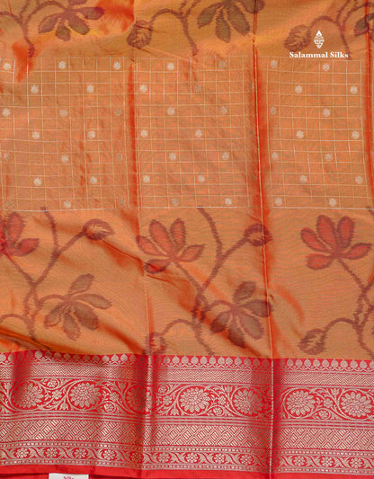 Semi Silk Saree - Orange Colour Body Pochampally Design With Contrast Red Border