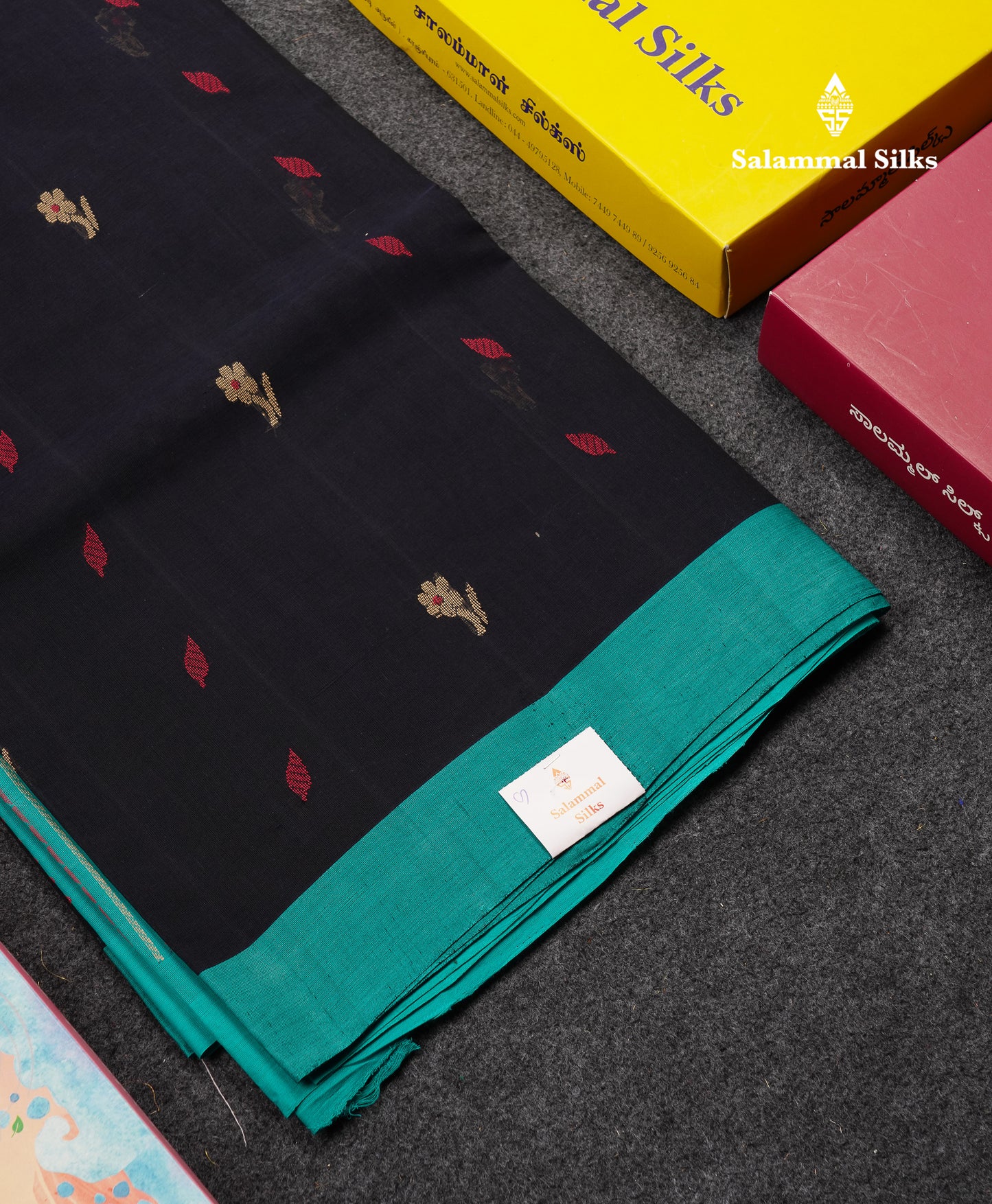 Beautiful Dark Navy Blue Thread Work Butta Handloom Pure Cotton Saree With Contrast Sapphihre Blue Blouse