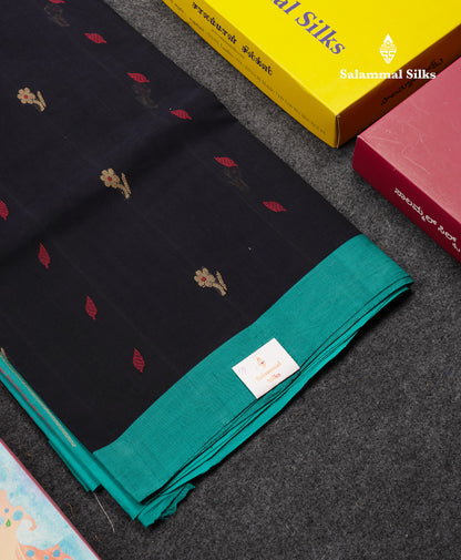 Beautiful Dark Navy Blue Thread Work Butta Handloom Pure Cotton Saree With Contrast Sapphihre Blue Blouse